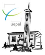Dessin de l'église protestante d'Ostwald surmonté du logo de l'UEPAL